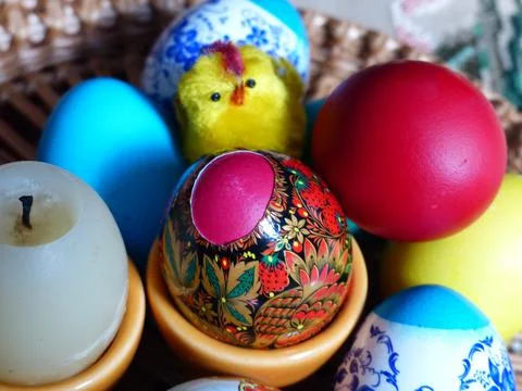 Easter cakes and Colorful Easter eggs - part of the passover meal. Stock Photos