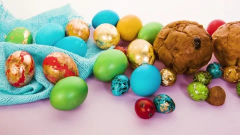 Easter cakes and Easter beautiful colorful eggs. Stock Footage 86806397