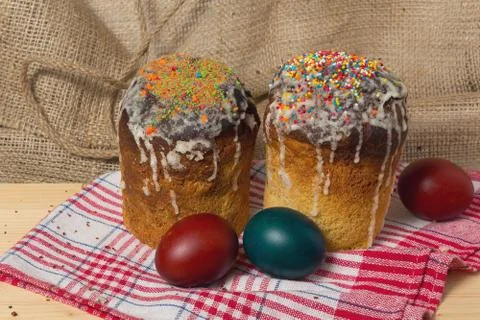 Easter cakes and eggs on the table. Still-life Stock Photos