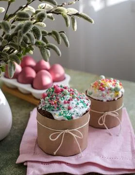 Easter cakes and painted Easter eggs on the table. Easter traditions Stock Photos