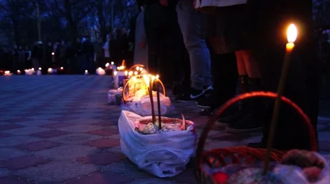 Easter cakes with burning candles before the consecration. Stock Footage 49129551