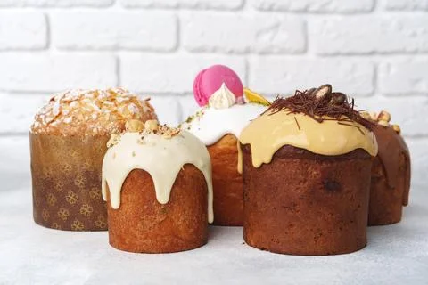 Easter cakes with different decor for background Stock Photos