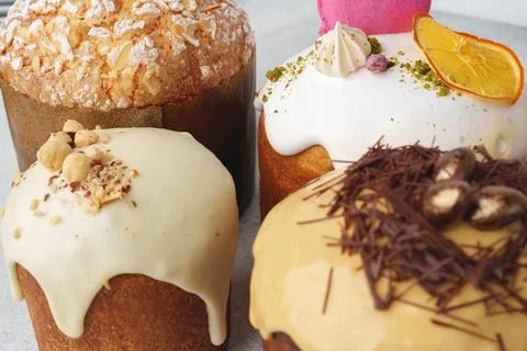 Easter cakes with different decor for background Stock Photos