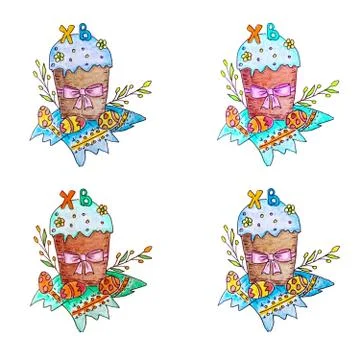 Easter cakes, eggs and willow twigs painted watercolor Stock Illustration
