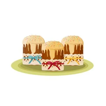 Easter cakes with icing topping and colored decorations on white background. Stock Illustration