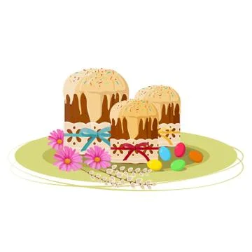 Easter cakes with icing topping, colored decorations, flowers, colored eggs o Stock Illustration