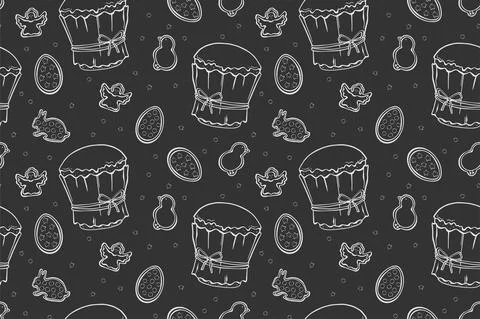 Easter cakes seamless pattern calk doodle on dark background Illustrazione stock