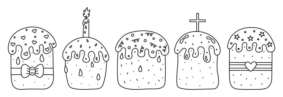 Easter cakes, vector black line set Stock Illustration