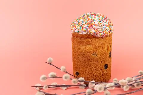Easter cakes with willow twigs. Easter holidays breakfast concept with copy s Stock Photos