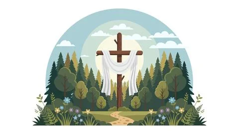 Easter Campaign Draped Cross in Forest Landscape  Christian Easter Resurrec.. Stock Illustration