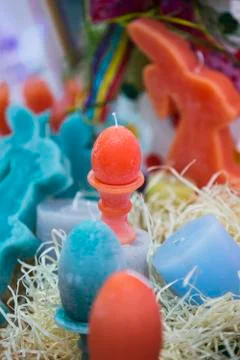 Easter candles in egg form. Easter decoration. Stock Photos