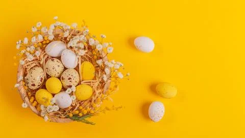 Easter candy chocolate eggs and almond sweets lying in a bird's nest Stock Photos