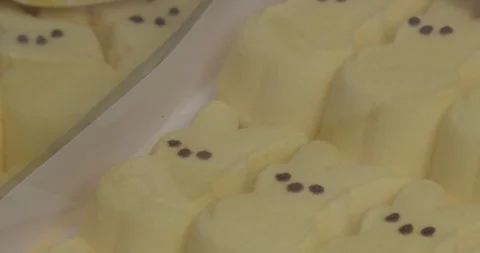 Easter Candy - Peeps - Marshmallow - Zoom Out Stock Footage 103236359