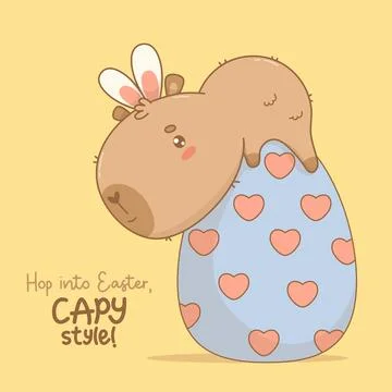 Easter Capybara in bunny ears on big paschal egg. Happy cartoon kawaii anim.. Stock Illustration
