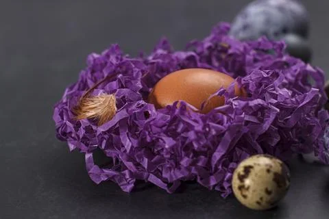 Easter card with a basket of Easter eggs in a purple nest Foto stock