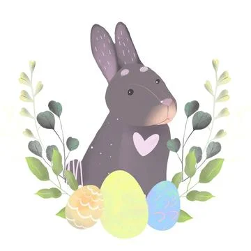 Easter card with bunny rabbit shape frame, spring flowers on colorful modern Stock Illustration