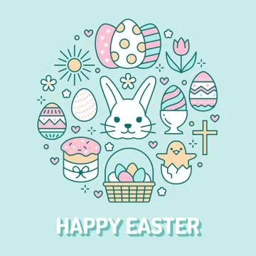 Easter card circle template with flat line icons. Colored eggs, basket, egg hunt Illustrazione stock