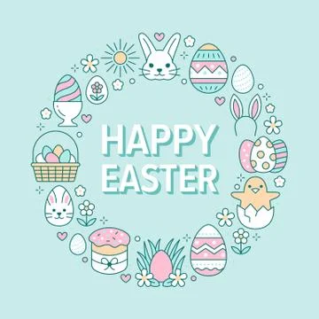 Easter card circle template with flat line icons. Colored eggs, basket, egg hunt Stock Illustration