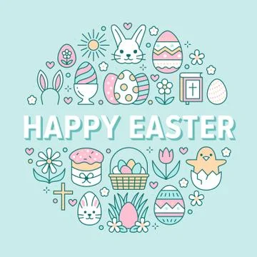 Easter card circle template with flat line icons. Colored eggs, basket, egg hunt Stock Illustration