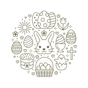 Easter card circle template with flat line icons. Colored eggs, basket, egg hunt Stock Illustration