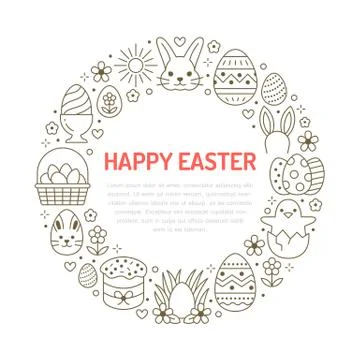 Easter card circle template with flat line icons. Colored eggs, basket, egg hunt Stock Illustration