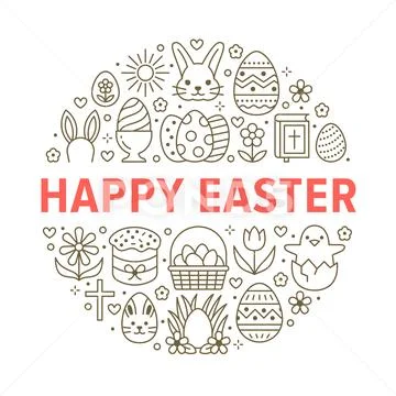 Easter card circle template with flat line icons. Colored eggs, basket, egg hunt Stock Illustration