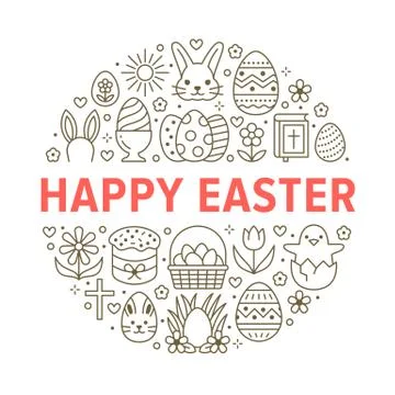 Easter card circle template with flat line icons. Colored eggs, basket, egg hunt Stock Illustration