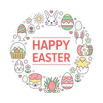 Easter card circle template with flat line icons. Colored eggs, basket, egg hunt Stock Illustration