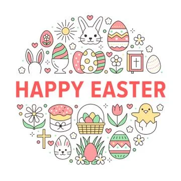 Easter card circle template with flat line icons. Colored eggs, basket, egg hunt Stock Illustration