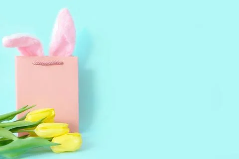 Easter card concept. Rabbit ears in a pink paper bag and a bouquet of yellow Stock Photos