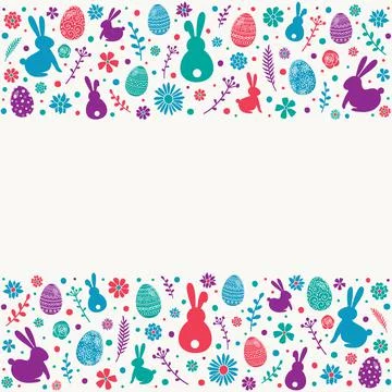 Easter card with copyspace. Colourful eggs, bunnies and flowers on white back Stock Illustration