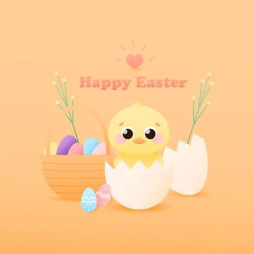 Easter card with cute chick in shell, easter eggs around, basket with colourf Stock Illustration