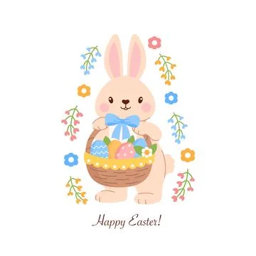 Easter card with cute Easter bunny with a basket of Easter eggs Stock Illustration