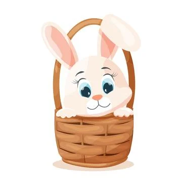 Easter card, cute rabbit in a wicker basket on a transparent background. Illustrazione stock
