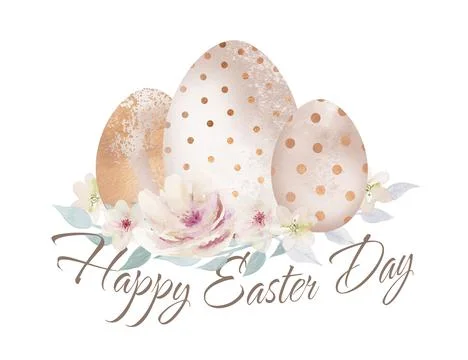 Easter card design with eggs on flowers and leaves, watercolour illustration Stock Illustration