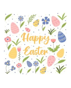 Easter card with Easter eggs and flowers. Stock Illustration