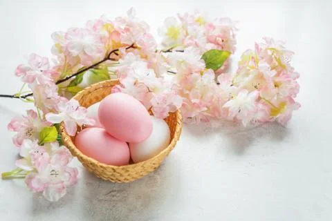 Easter card with easter eggs and pink flowers Stock Photos