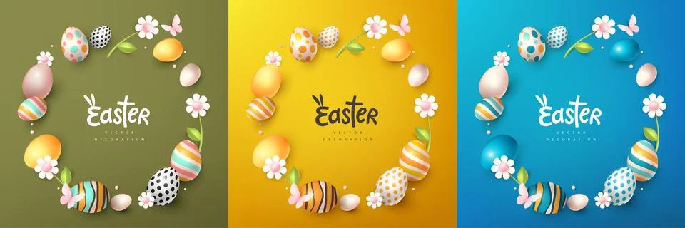 Easter card with easter eggs frame and spring flowers on colorful Stock Illustration