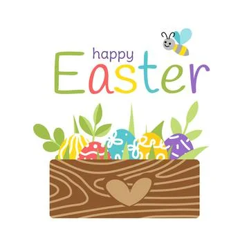 Easter card. Easter eggs in wooden box. Bright Happy Easter card. Flat, cartoon 스톡 일러스트