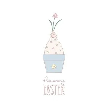 Easter card with egg in pot, flower, lettering. Cute vector illustration. Stock Illustration