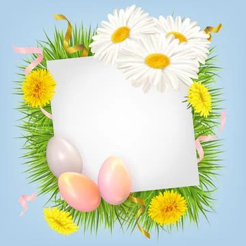Easter card with eggs and daisies and dandelions Stock Illustration