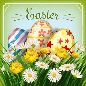 Easter card with eggs and flowers with grass, dandelions and daisies. Vector Illustrazione stock