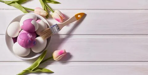 Easter card. Eggs, brush, paint, a bouquet of tulips on a white Stock Photos