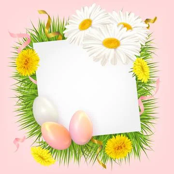Easter card with eggs, daisies, grass and dandelions Illustrazione stock