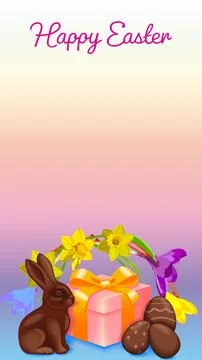 Easter card with gift, bunny, eggs and flowers Stock Illustration