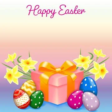 Easter card with gift, daffodils and painted eggs Stock Illustration