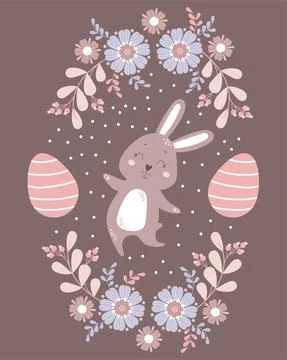 Easter card. Happy cute easter bunny with easter eggs, decorative flowers and Stock Illustration