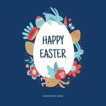Easter card with a happy Easter floral background. Framed banner design fea.. Stock Illustration