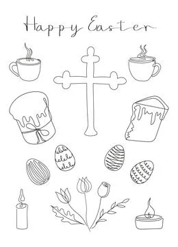 Easter card with Happy Easter greeting. Easter Set in continuous one line style Stock Illustration