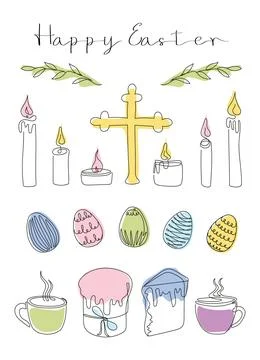 Easter card with Happy Easter greeting. Easter Set in continuous one line style Stock Illustration
